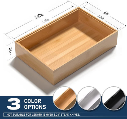 VeyFey Bamboo Drawer Organizer, Stackable Utensil Organizer for Kitchen, Bamboo Storage Box Wood Silverware Tray for Drawer 15" x 6" x 2" Set of 2