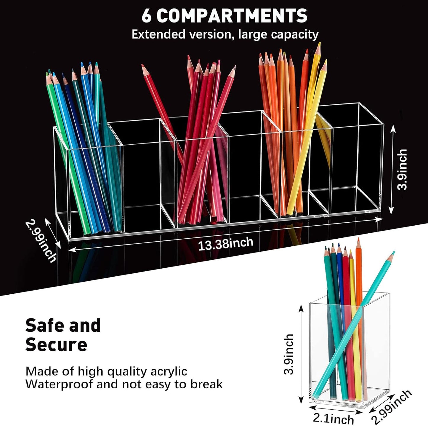 Jetec Acrylic Pen Holder 6 Compartments Makeup Brush Stationery Organizer Pencil Holder for Desk Accessories, Cosmetic Brushes, Dorm, Home, Bathroom, Kitchen, Office Supplies(Neon Pink)