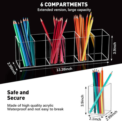 Jetec Acrylic Pen Holder 6 Compartments Makeup Brush Stationery Organizer Pencil Holder for Desk Accessories, Cosmetic Brushes, Dorm, Home, Bathroom, Kitchen, Office Supplies(Neon Pink)