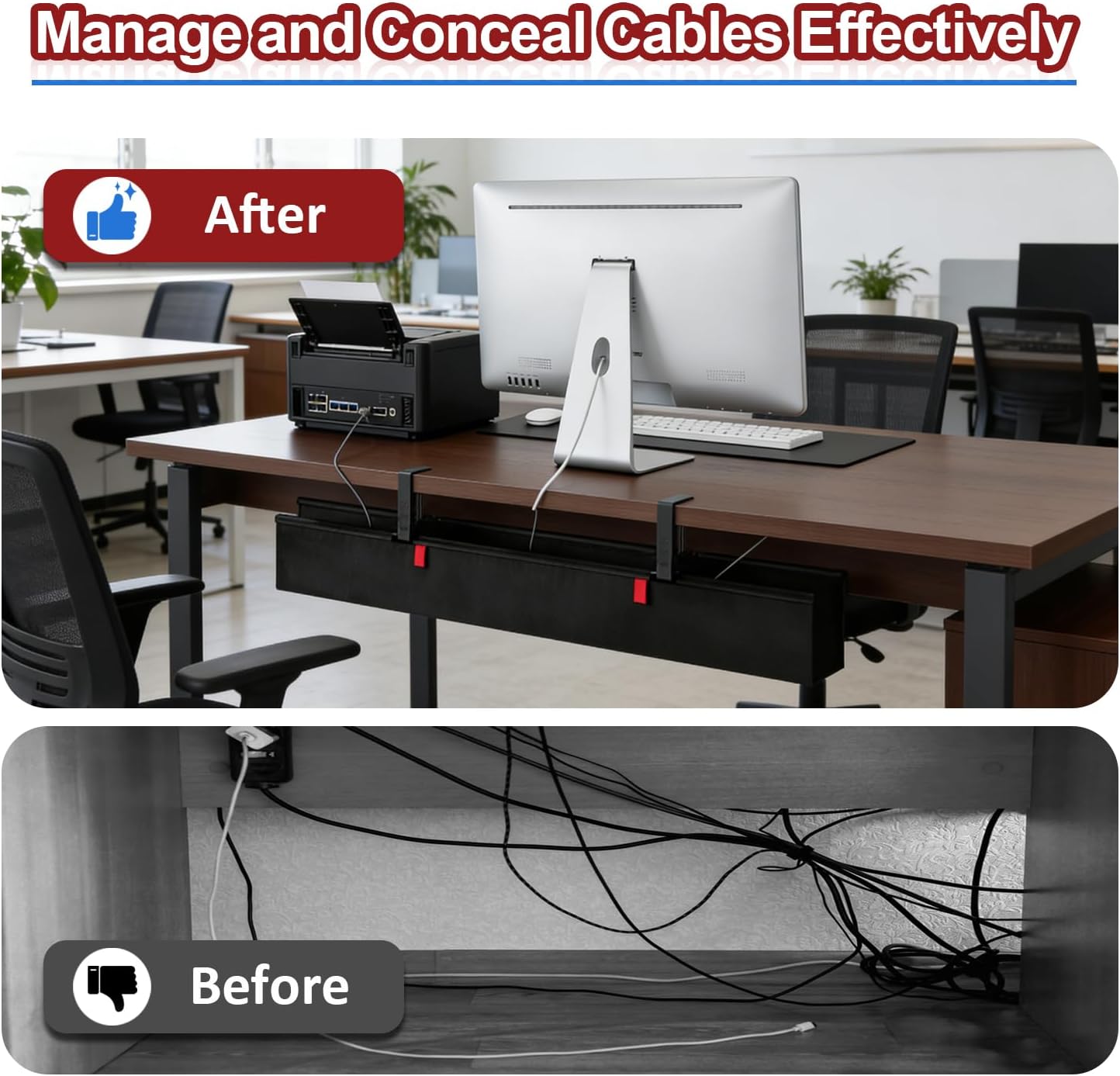 Under Desk Cable Management Tray, 36" Cord Organizer for Table, Clamp/Screw Mount Desk Cable Management, Premium Fabric Cable Management Tray for Office, Home