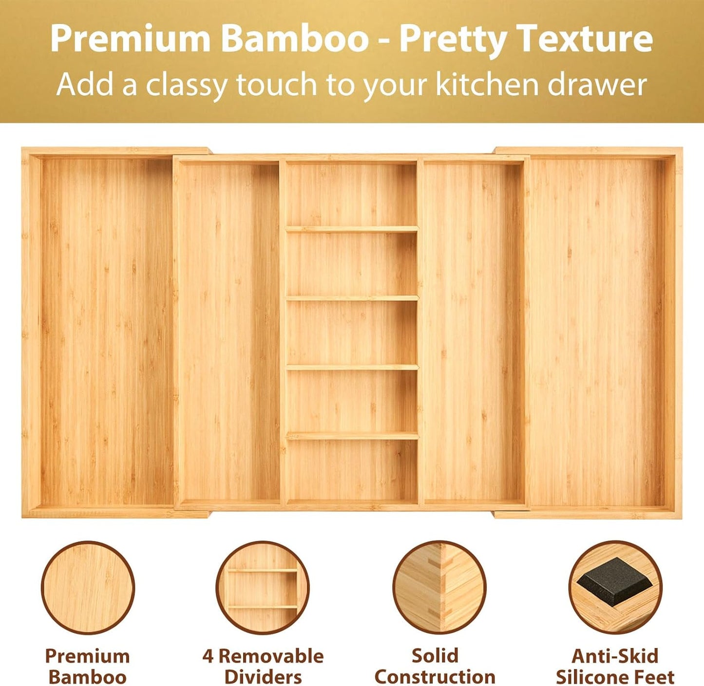 Umilife Expandable Kitchen Drawer Organizer, 2.5" High Bamboo Utensils Silverware Tray, Adjustable Large Deep Wood Organization Holder