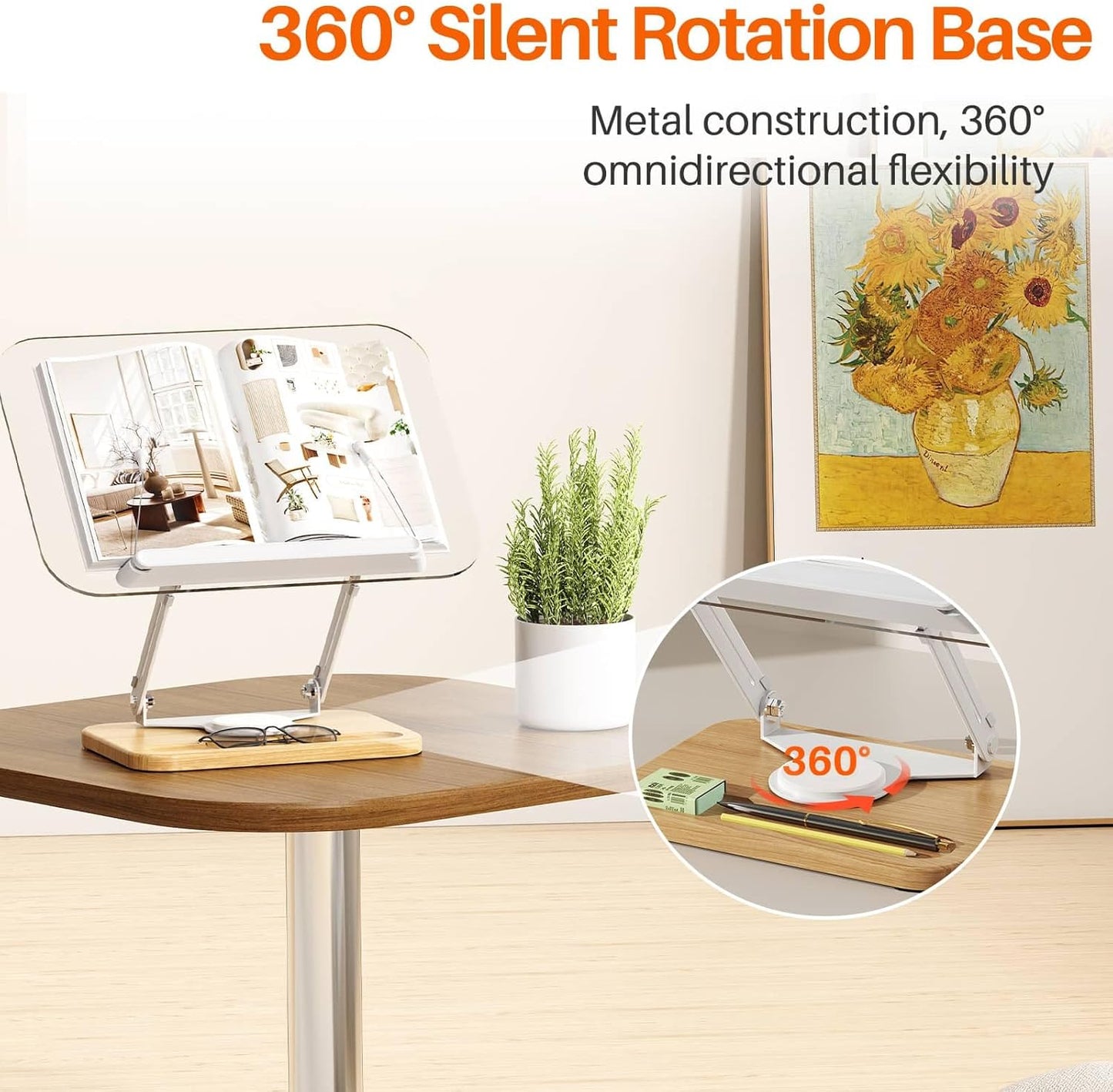 BYMECOST Acrylic Book Stand for Reading, Adjustable Book Holder with 360° Rotating Base & Elastic Page Clips, Foldable Desktop Riser Stand for Cookbook,Laptop,Tablet,Music Scores,Recipe,Textbook