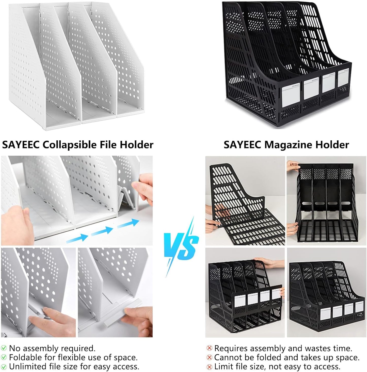 SAYEEC 2Pcs Collapsible Plastic Magazine File Holder Vertical Binder Storage Organizer for Desk Sturdy Upright Desktop Magazine Organizer Folder Rack for Office School Home (3 Compartments, Black)