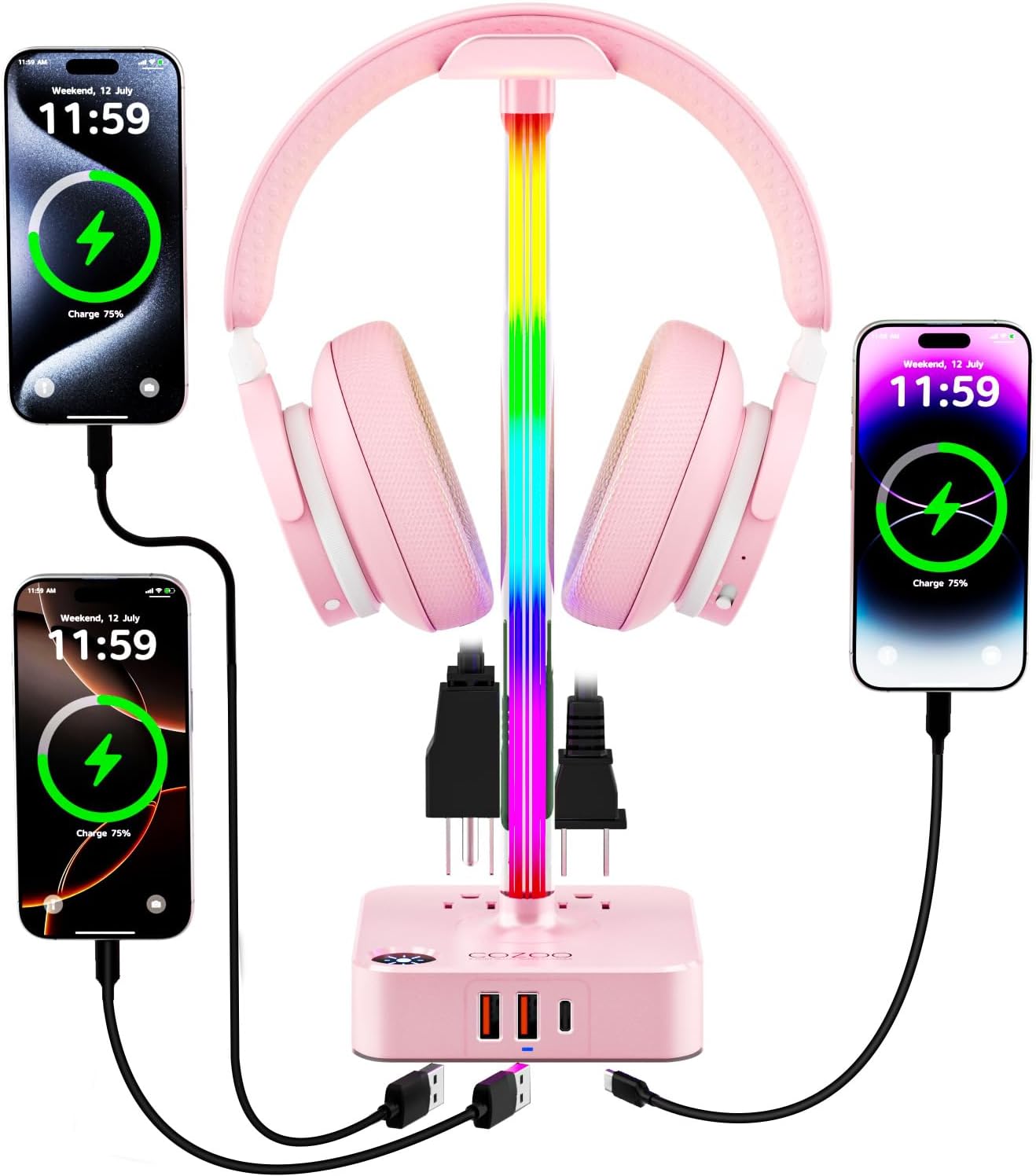 COZOO Headphone Stand with USB Charger Desktop Gaming Headset Holder Hanger with 3 USB Charging Station and 2 Outlets Power Strip,Suitable for Gaming, DJ,Wireless Earphone Display, Gamer Gifts for Men