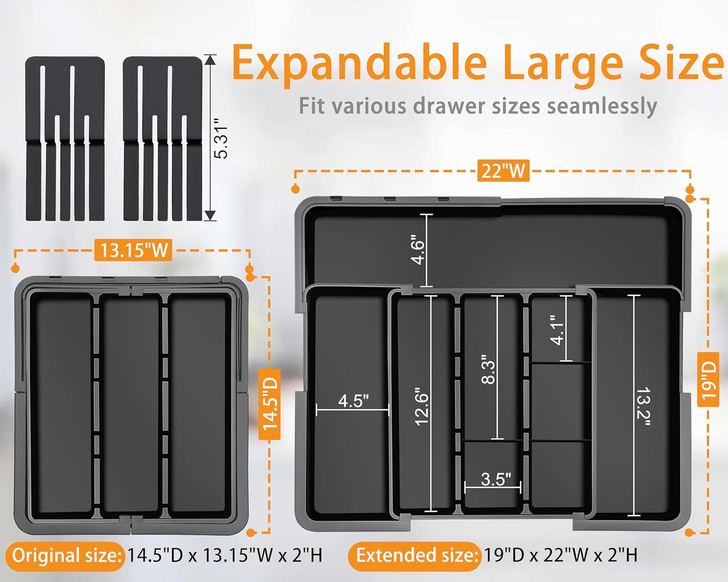 Homecor Large Utensil Organizer for Kitchen Drawer, Expandable Silverware Drawer Organizer Cooking Tray, Cutlery and Flatware Utensil Holder Kitchen Spatula Tools Storage with 3 Dividers, Grey