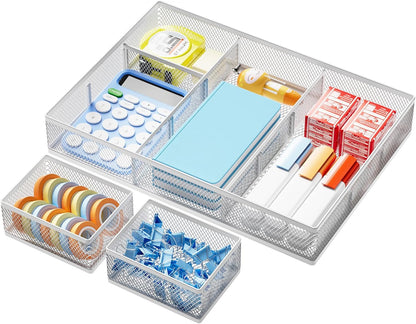 Marbrasse 3 Packs Desk Drawer Organizers, Metal Mesh Dividers Desk Drawer Organizer Tray with 9 Adjustable Compartments, Pen Organizer for Drawer Tray Box Accessories for Desktop,Kitchen, Makeup
