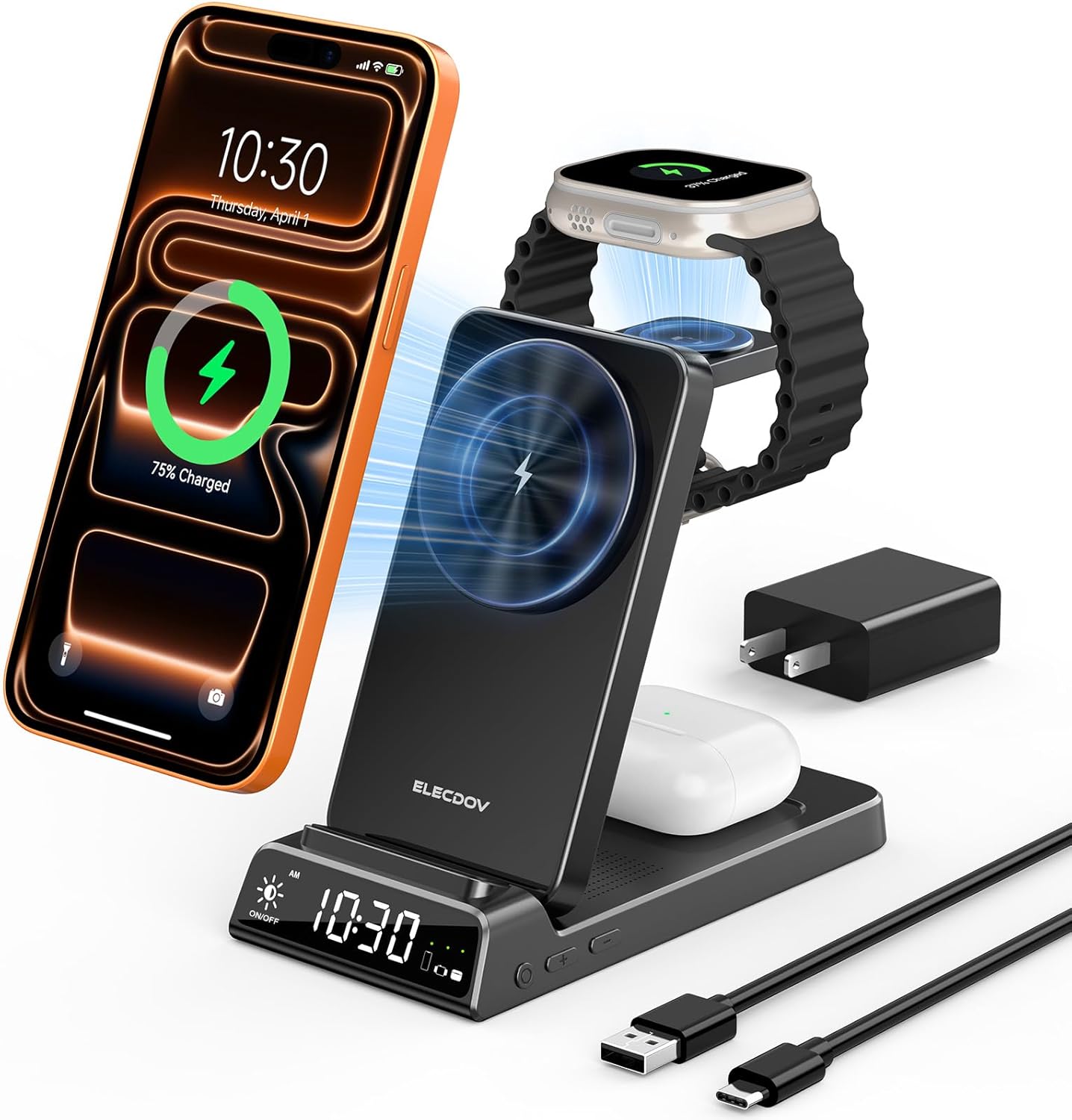 3 in 1 Charging Station for Apple, ELECDOV Magnetic Charger for iPhone, Foldable Wireless Charger with Clock, Travel Watch Charger Stand for iPhone 17/Air/16/15 Series, iWatch 10/AirPods 4 (Grey)
