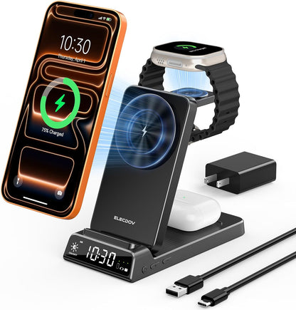 3 in 1 Charging Station for Apple, ELECDOV Magnetic Charger for iPhone, Foldable Wireless Charger with Clock, Travel Watch Charger Stand for iPhone 17/Air/16/15 Series, iWatch 10/AirPods 4 (Grey)