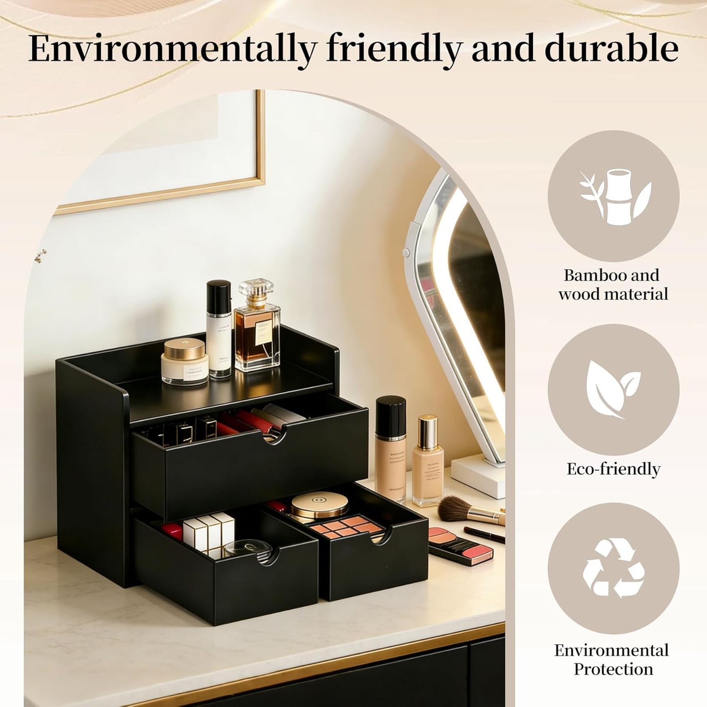 Bamboo Desk Organizer with Drawers,Mini Bamboo Desk Drawer,Can be used for storing bills, office supplies and kitchen utensils, and is suitable for storing in families and classrooms. (black)