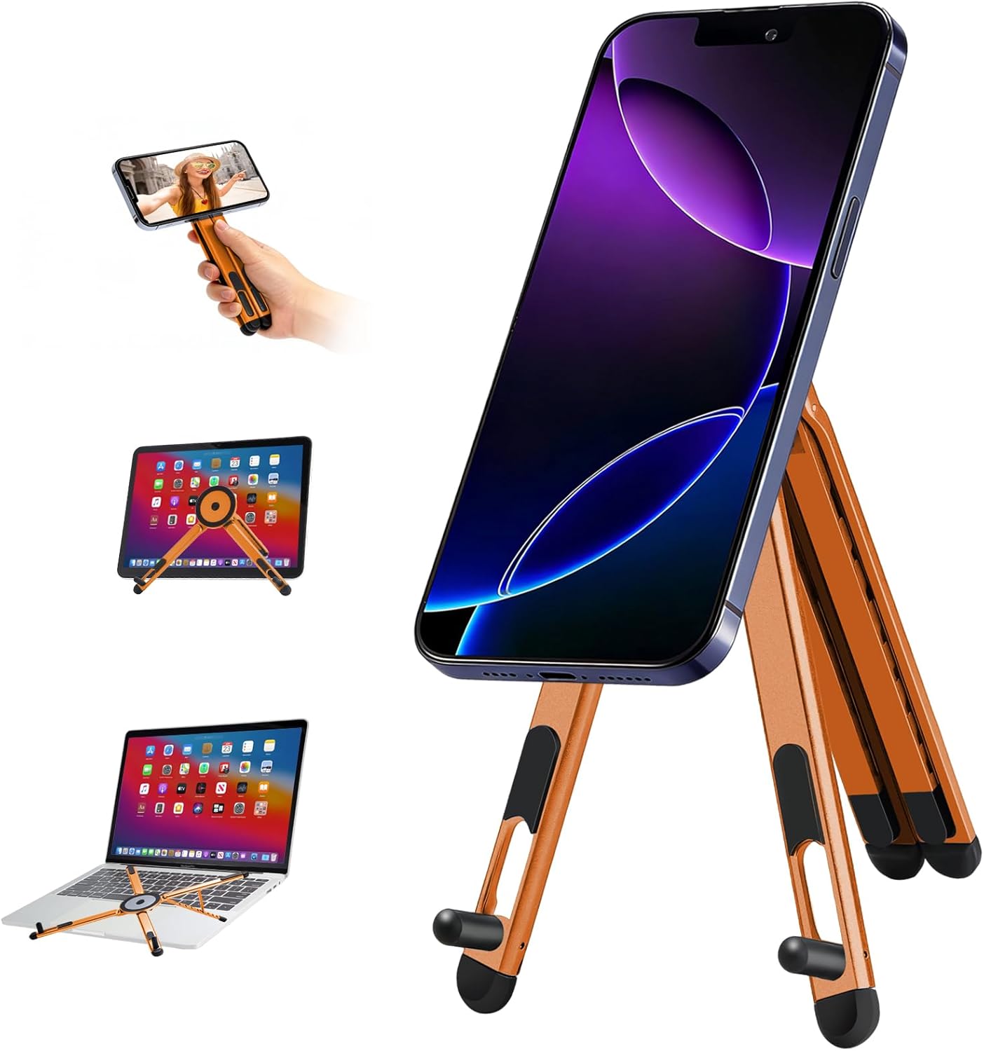 3-in-1 Foldable Magnetic Phone Tripod Stand, Portable Aluminum Alloy Adjustable Holder for Tablet, Laptop MacBook Pro/Air 10–16", Magnet Phone Mount Compatible with MagSafe iPhone Android
