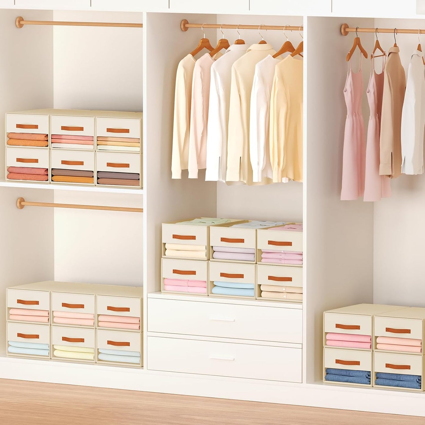 Stackable Storage Drawers - Pull Out Storage Bins with Drawers for Closet Clothes Organizers with Weekly Labels & Clear Window, Closet Shelf Storage for Bedroom, Living Room, 5 Pack, White