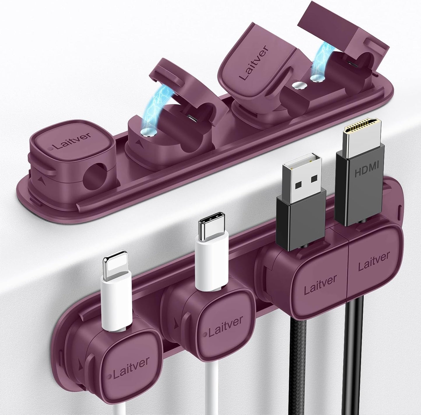 6 Pack Magnetic Cable Clips [1s Open/Lock], Laitver Cord Organizer Holder Strong Adhesive Desk Cable Management- Organize Charging Cords Neatly for Home, Office, Car,Desk, Nightstand