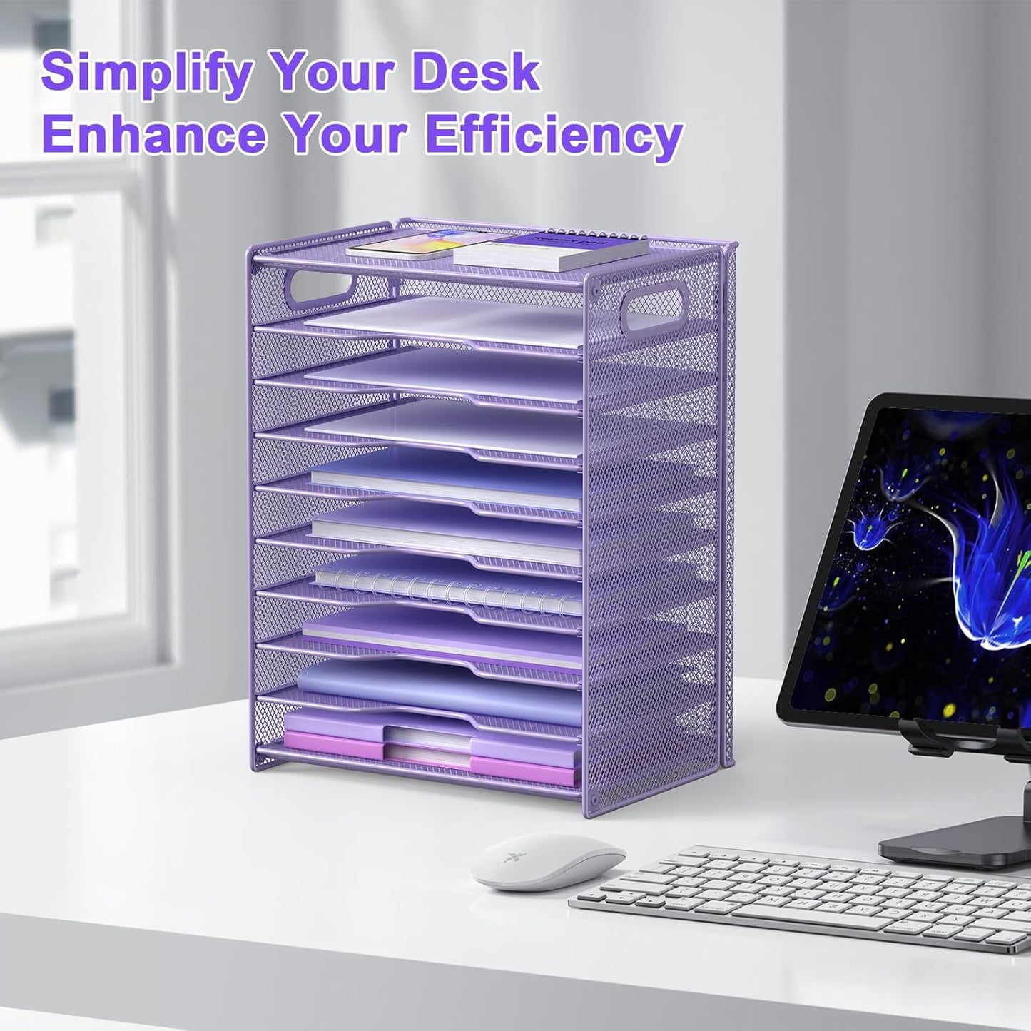 OUTWOLF 10 Tier Paper Organizer - Letter Tray Mesh Desk File Organizer with Handles for Office School Desktop, Black