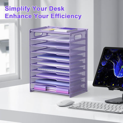 OUTWOLF 10 Tier Paper Organizer - Letter Tray Mesh Desk File Organizer with Handles for Office School Desktop, Black