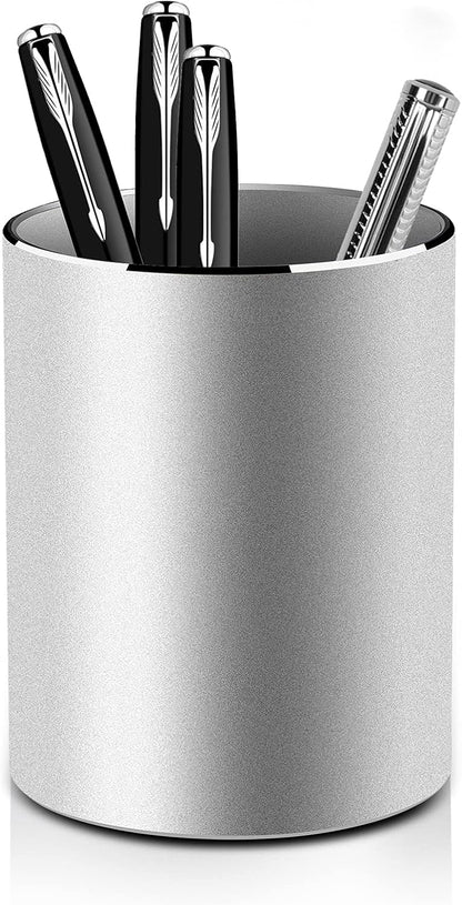Vaydeer Metal Pen Holder Aluminum Pencil Holder for desk, Round Desktop Organizer and Black Pencil Cup for Office, School, Home and Stationary Supplies (3.15 x 3.15 x 3.94 Inches)