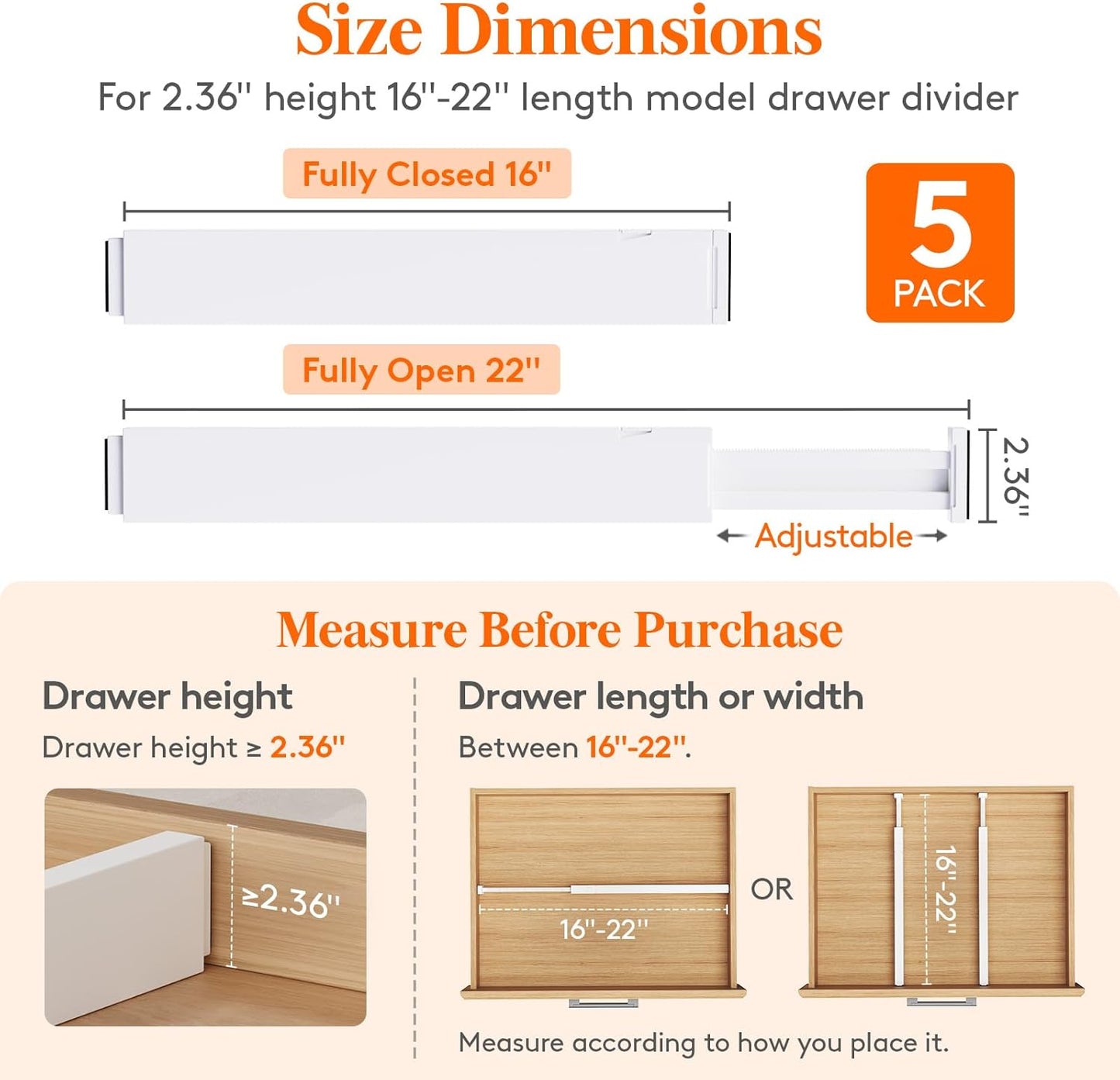 Lifewit 5 Pack 4" High Drawer Dividers 28-43.5cm/11-17" Adjustable Drawer Organizer for Clothes/Utensils, Expandable Drawer Separator in Dresser/Kitchen/Bedroom/Office Organization & Storage White