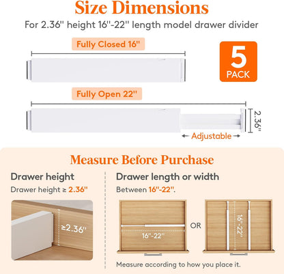 Lifewit 5 Pack 4" High Drawer Dividers 28-43.5cm/11-17" Adjustable Drawer Organizer for Clothes/Utensils, Expandable Drawer Separator in Dresser/Kitchen/Bedroom/Office Organization & Storage White