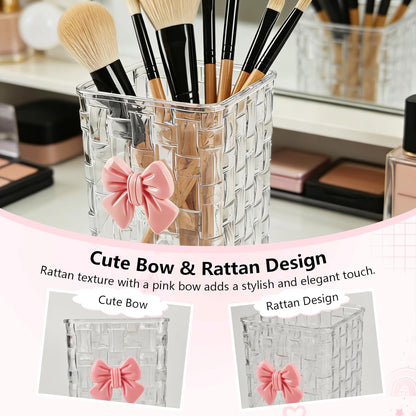Nirvany Acrylic Pen Holder for Desk, Cute Clear Pencil Organizer & Makeup Brush Holder with Bow Back To School Accessories for Office, Home, School, Kitchen