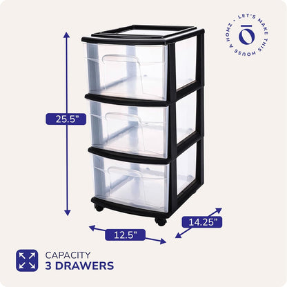 HOMZ Drawer Tower, 3-Tier Rolling Storage Cart with Removable Wheels, White Frame – Plastic Organizer with Clear Bin Drawers for Bedroom, Bathroom, Home Office, and Dorm Room