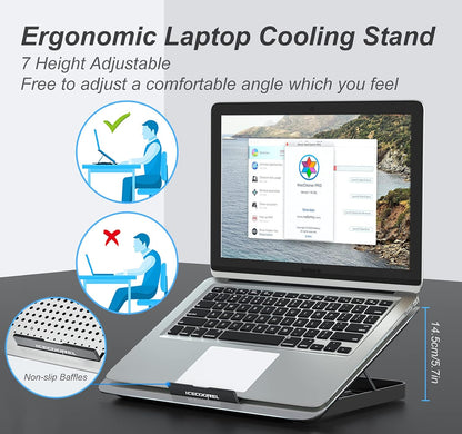 ICE COOREL Aluminum Laptop Cooling Pad, Laptop Cooler Stand with 7 Height Adjustable, Laptop Fan Cooling Pad for Laptop 12-15.6 Inch, Notebook Cooler Pad with Two USB Port (Silver)