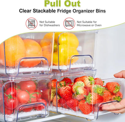 6-Pack Fridge Drawer Organizer, Pull-out Stackable Refrigerator Organizers and Storage, Clear Fruit Storage Containers Bins with Drain Tray for Kitchen Cabinet, Pantry Organization
