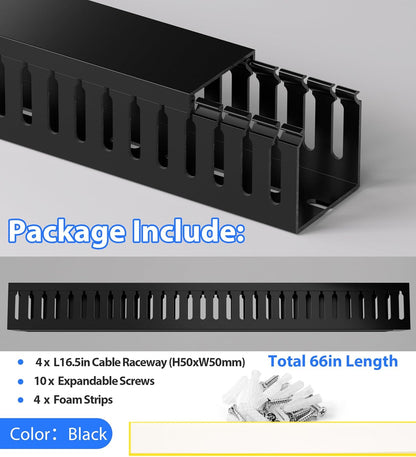 ZhiYo 2 x 2in Professional Server Rack Cable Management Raceway, 99in (6X L16.5in) Cable Raceway Kit, Electrically Safe PVC Open Slot Wire Raceway for Under Desk/Computer/Network Cords, Black