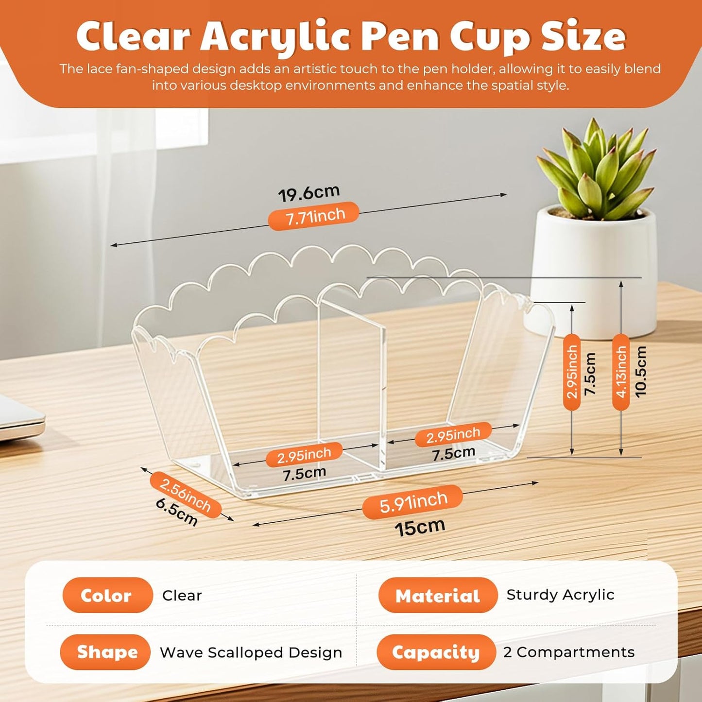 Scalloped Acrylic Pencil Holder – Clear Desk Organizer with 4 Compartments – Makeup Brush Holder & Remote Caddy for Office, Bathroom, Table – Party Accessory （4-Comp）