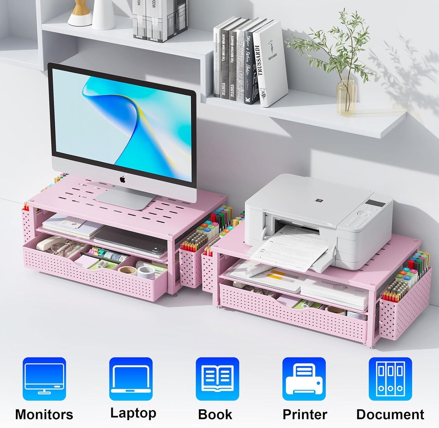 gianotter Wood Monitor Stand Riser, Office Desk Shelf Organizer, Desk Organizer with Drawer and Pen Holder, 2-Tier Computer Stand, Office Organization (Ink)