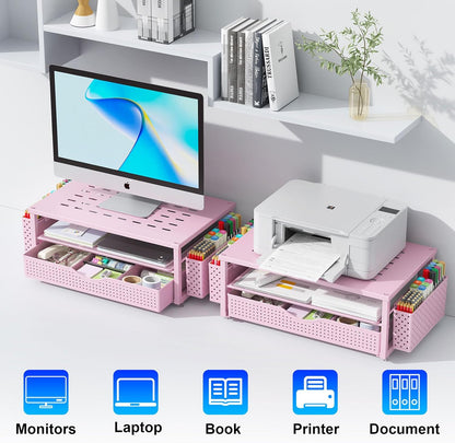 gianotter Wood Monitor Stand Riser, Office Desk Shelf Organizer, Desk Organizer with Drawer and Pen Holder, 2-Tier Computer Stand, Office Organization (Ink)