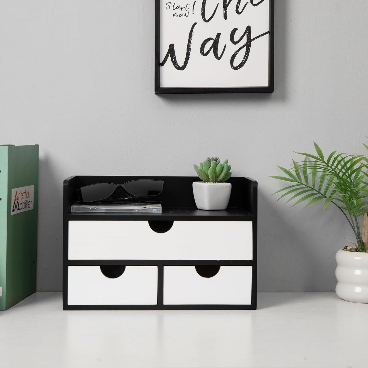 Rustic Distressed white 3-Tier Bamboo Desk Organizer with 3 Drawers Mini Storage Shelf For Desk, Toiletries Vanity Office Supplies (bamboo)