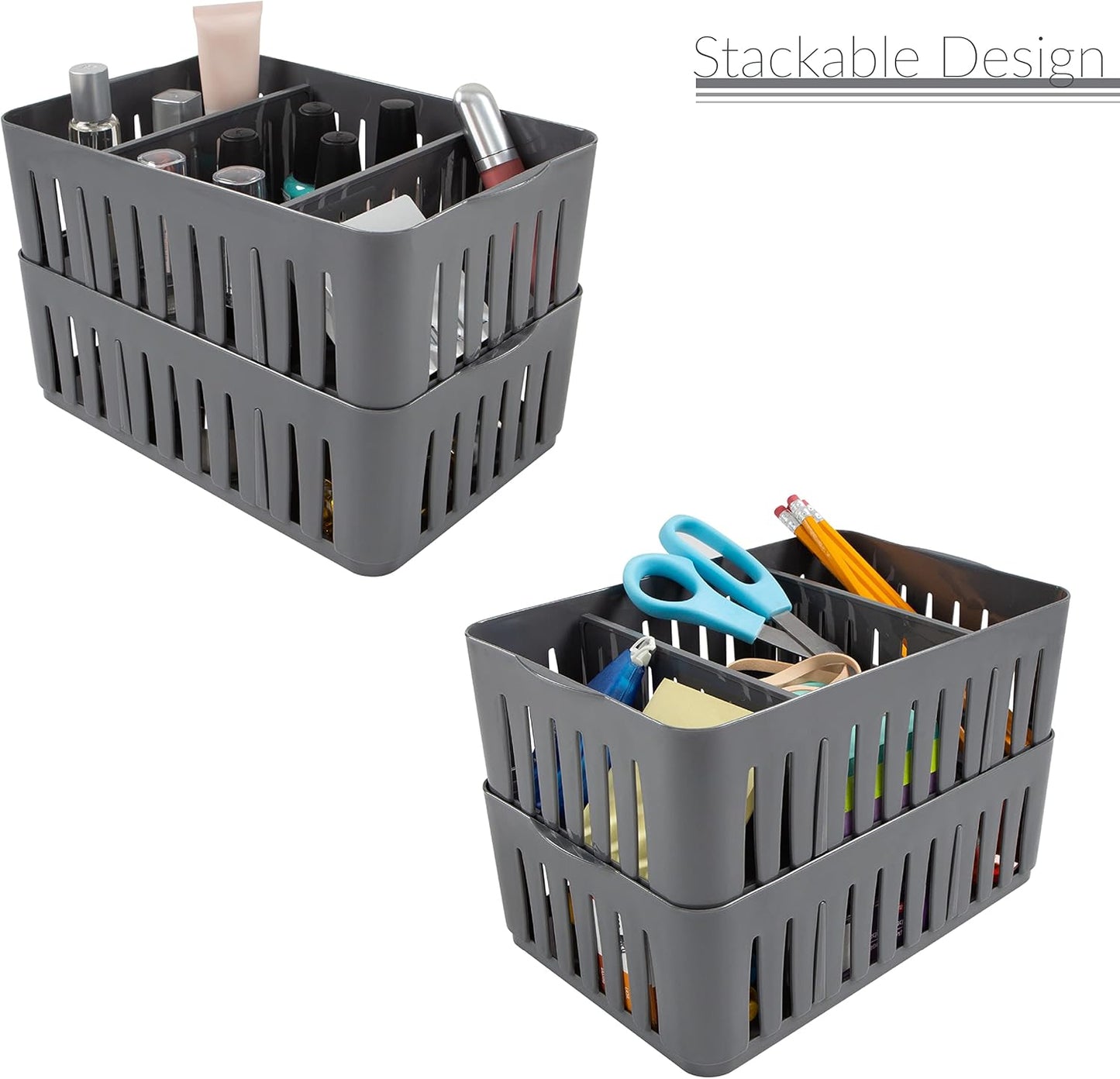 Simplify 4 Compartment Stackable Bin with Adjustable Dividers | Drawer Organizer | Storage Basket | Good for Office | Desk Supplies | Dorm |Bathroom | Accessories | Make Up | Grey