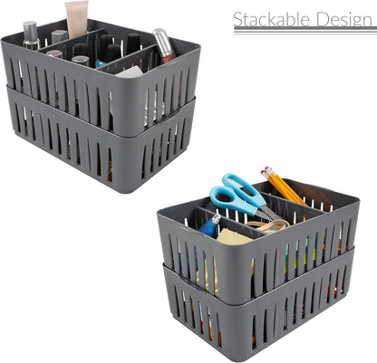 Simplify 4 Compartment Stackable Bin with Adjustable Dividers | Drawer Organizer | Storage Basket | Good for Office | Desk Supplies | Dorm |Bathroom | Accessories | Make Up | Grey