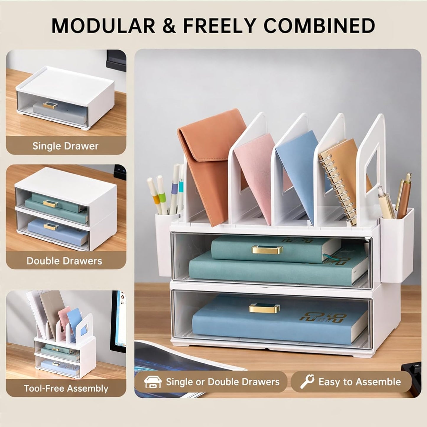 CiWiVOKi Desk Organizer with 2 Vertical File Holder, 4 Tier Stackable Paper Letter Tray File Organizer with 5-Compartments Pen Holder, Clear Desktop Organizer Office Organization and Storage
