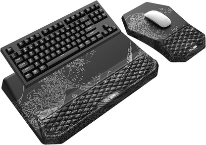 3-in-1 Ergonomic Keyboard Stand with Wrist Rest & Mouse Pad Set, Comfy Keyboard Riser Holder Soft Mousepad with Massage Design, Memory Foam and Non-Slip PU Base for Pain Relief, Black