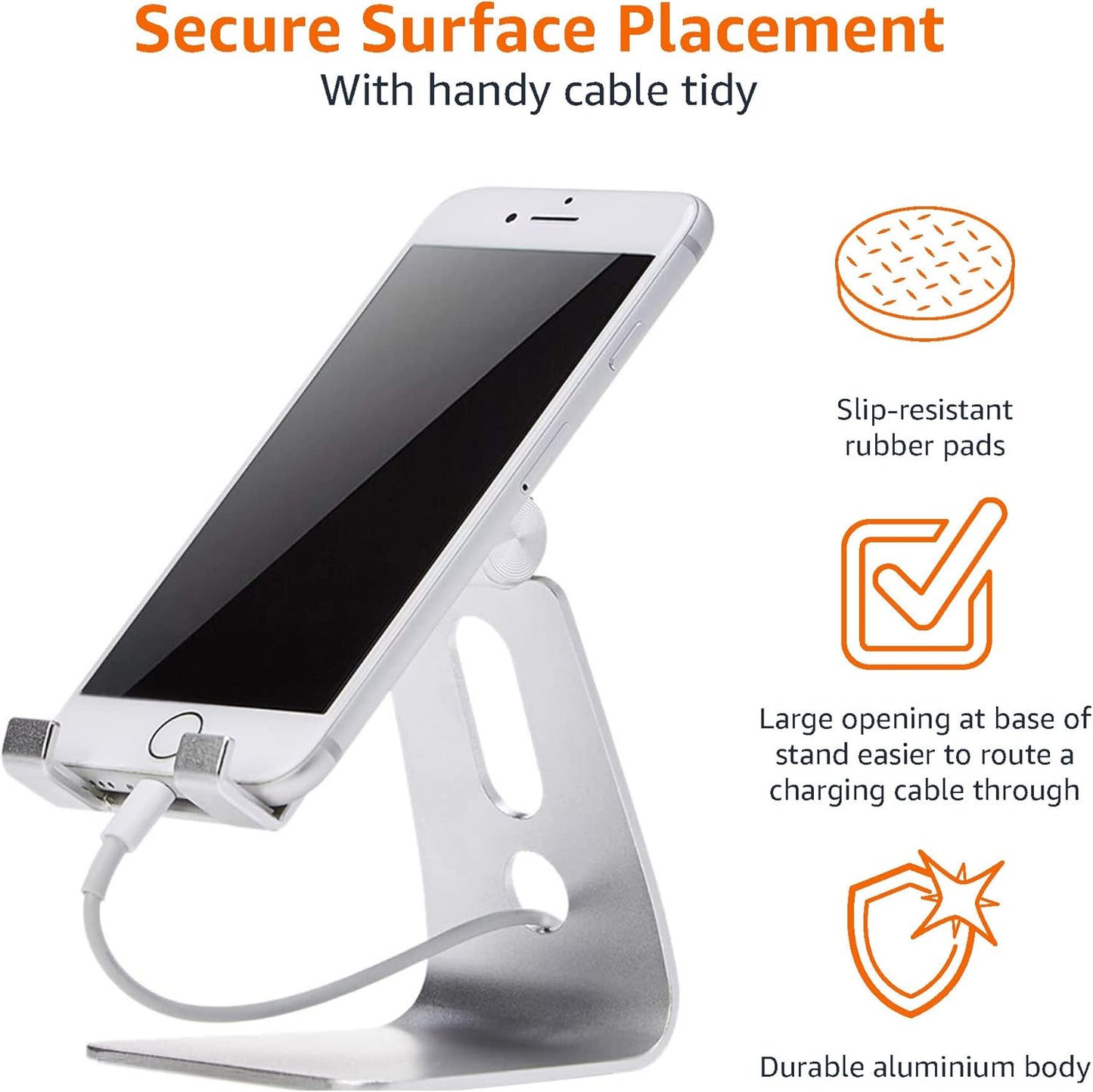 Amazon Basics Adjustable Aluminum Phone Stand for Cell Phones, iPhone and Android, Desktop Phone Holder with Adjustable Angle, Hands-Free Viewing, 3.15 x 2.87 x 3.74 inch, Silver
