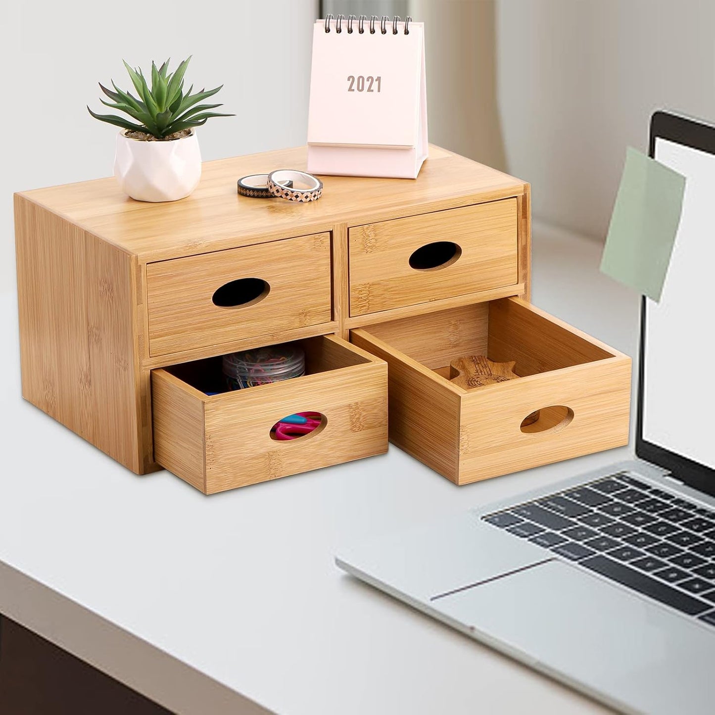 ZOOFOX Bamboo Desk Organizer, 100% Natural Bamboo Tabletop Storage Box with 4 Drawers, Night Stand Table Organizer, Wooden Desktop Drawer Organizer for Makeup Vanity Office Supplies
