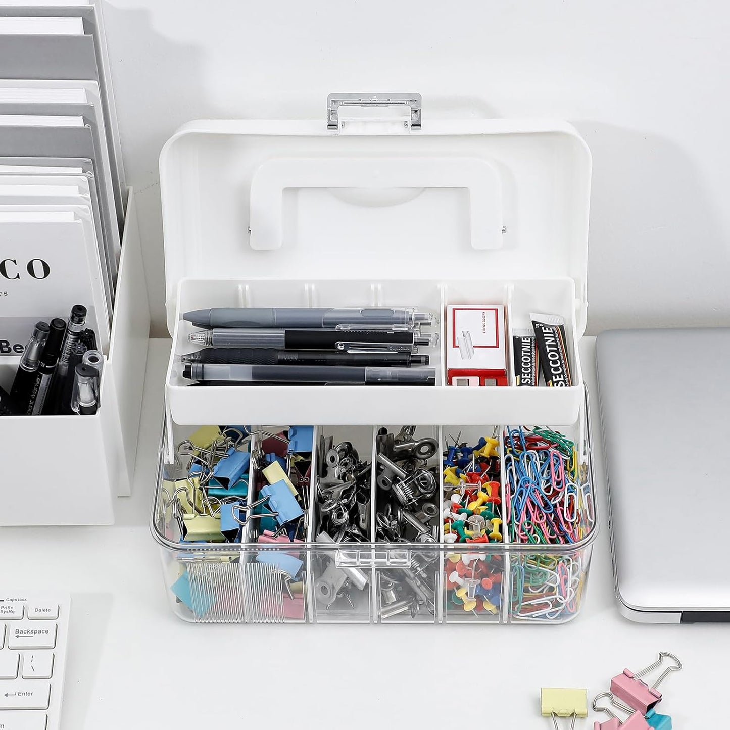 Large Cable Organizer Box with Lid, Plastic Cord Storage Case with Handle and Wire Ties for Home Office, Phone Charger, Art Crafts, Stationery