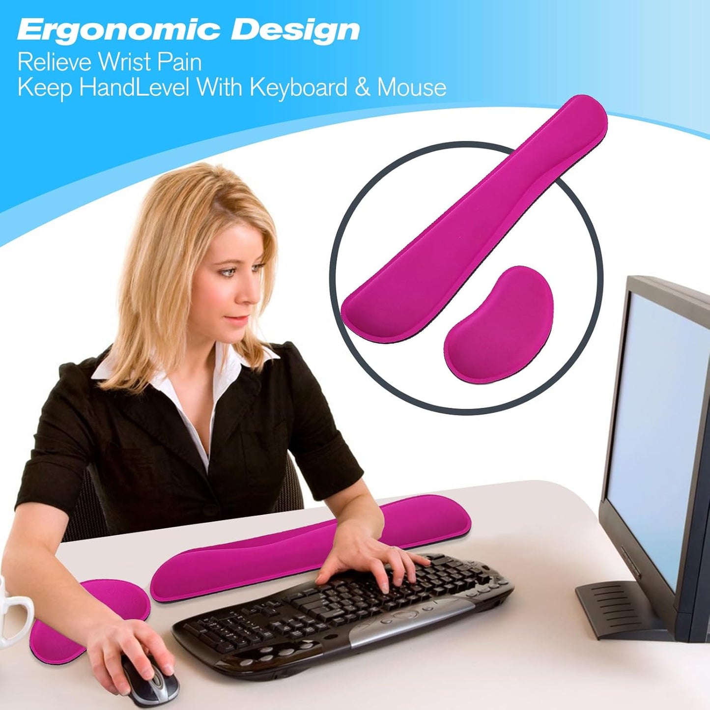 Keyboard Wrist Rest and Mouse Wrist Rest Set - Ergonomic Memory Foam Wrist Cushion - for Wrist Support on Computer, Laptop, Office, Playing Games, Typing Relieves Wrist Pain Black