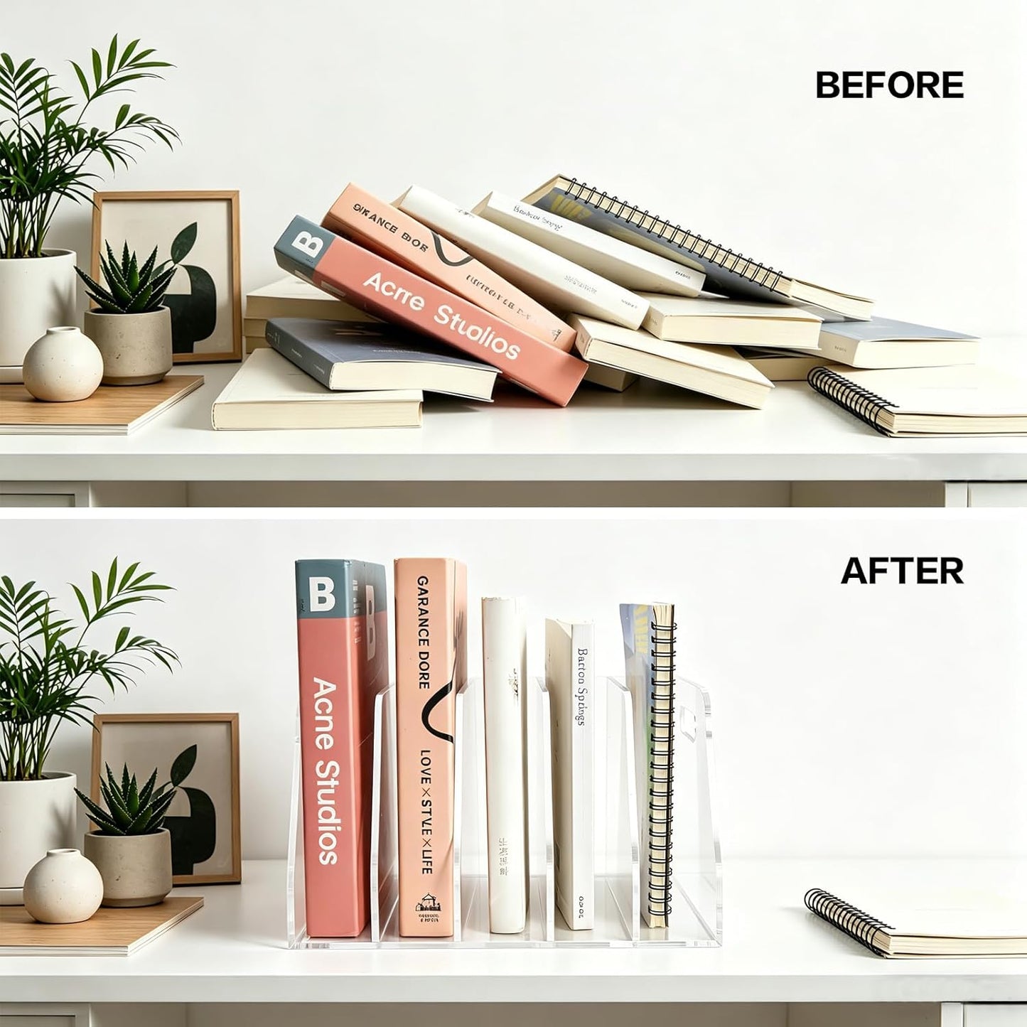 Acrylic Magazine File Holder, 4 Vertical Compartments Desk Document Sorter Organizer, Clear Bookend File Sorter Holder for Office, Documents, Tablets, Magazines, Books