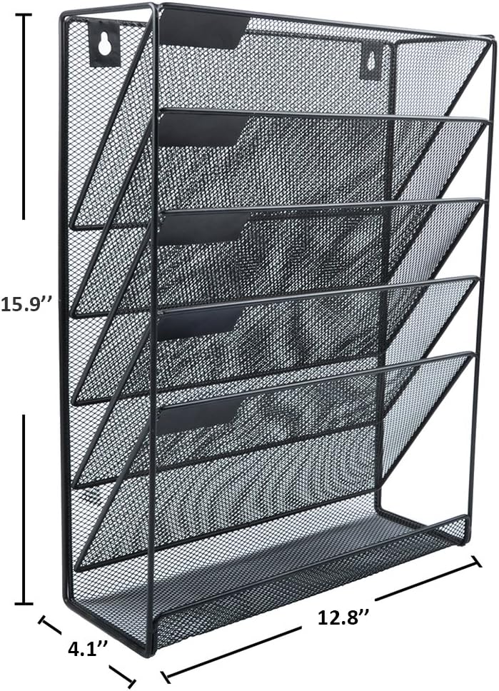 EASEPRES Desk File Organizer Mesh 6-Tier, Hanging Wall Mount Document Organization Stand, Desktop Vertical Mail Paper Folder Holder Rack with Bottom Tray for Office Home Cubicle Countertop, Black