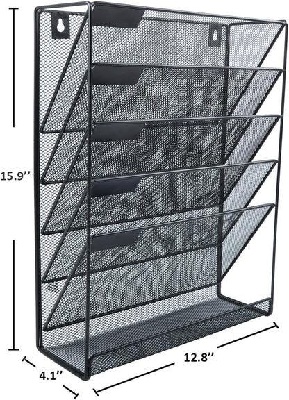 EASEPRES Desk File Organizer Mesh 6-Tier, Hanging Wall Mount Document Organization Stand, Desktop Vertical Mail Paper Folder Holder Rack with Bottom Tray for Office Home Cubicle Countertop, Black
