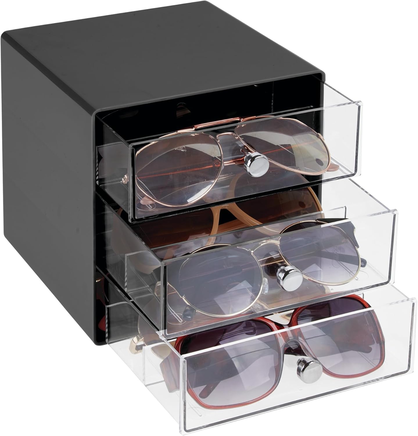 iDesign Divided 3-Drawer Stackable Organizer for Glasses, Sunglasses, and Readers - Black/Clear