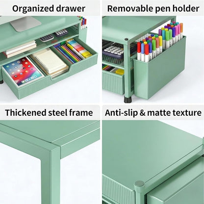 ECOLOVI Desk Organizer and Accessories, 2-Tier Computer Monitor Stand Rise with Storage Drawer & 2 Pen Holders, Laptop & Printer Stand for Desktop, Workspace Organizers for Office Supplies (Blue)