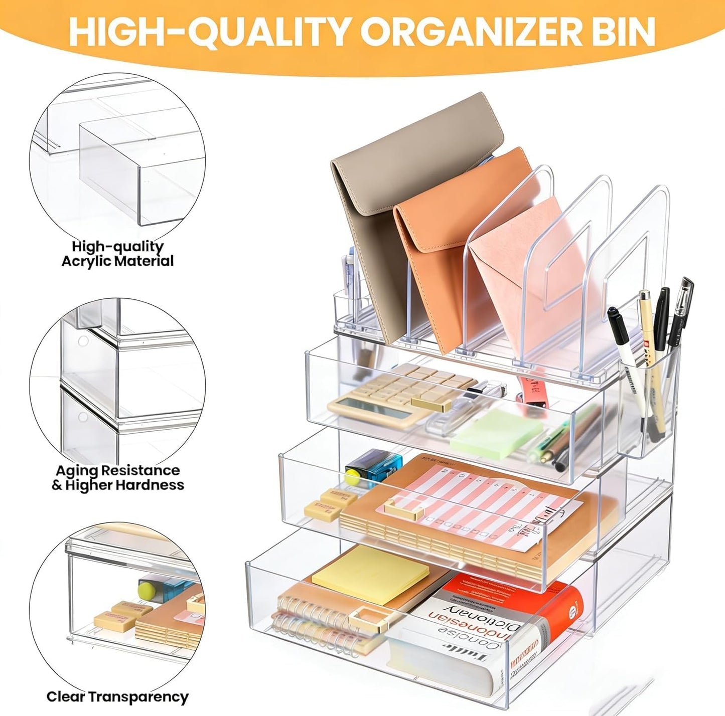 LALOBLUE Acrylic Desk Organizer with Drawer and Vertical File Holder, Desk Organizers and Accessories, Multi-Functional Office Supplies Organizer for Home or Work Desk, White