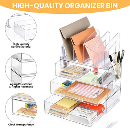 LALOBLUE Acrylic Desk Organizer with Drawer and Vertical File Holder, Desk Organizers and Accessories, Multi-Functional Office Supplies Organizer for Home or Work Desk, White