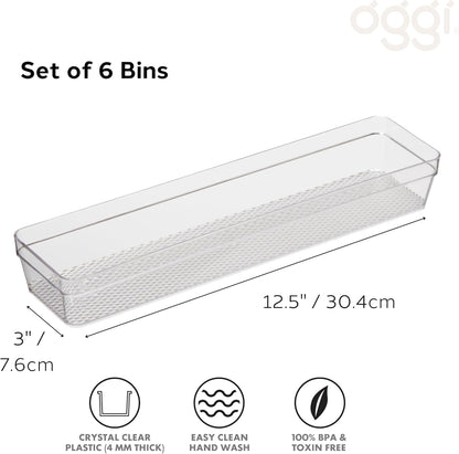 Oggi Clear Drawer Organizer - 3" X 9.5" (Set of 6) - Ideal for Organizing Kitchen Drawers, Office, Desk, Silverware, Kitchen Utensils, Cosmetics and Bathrooms