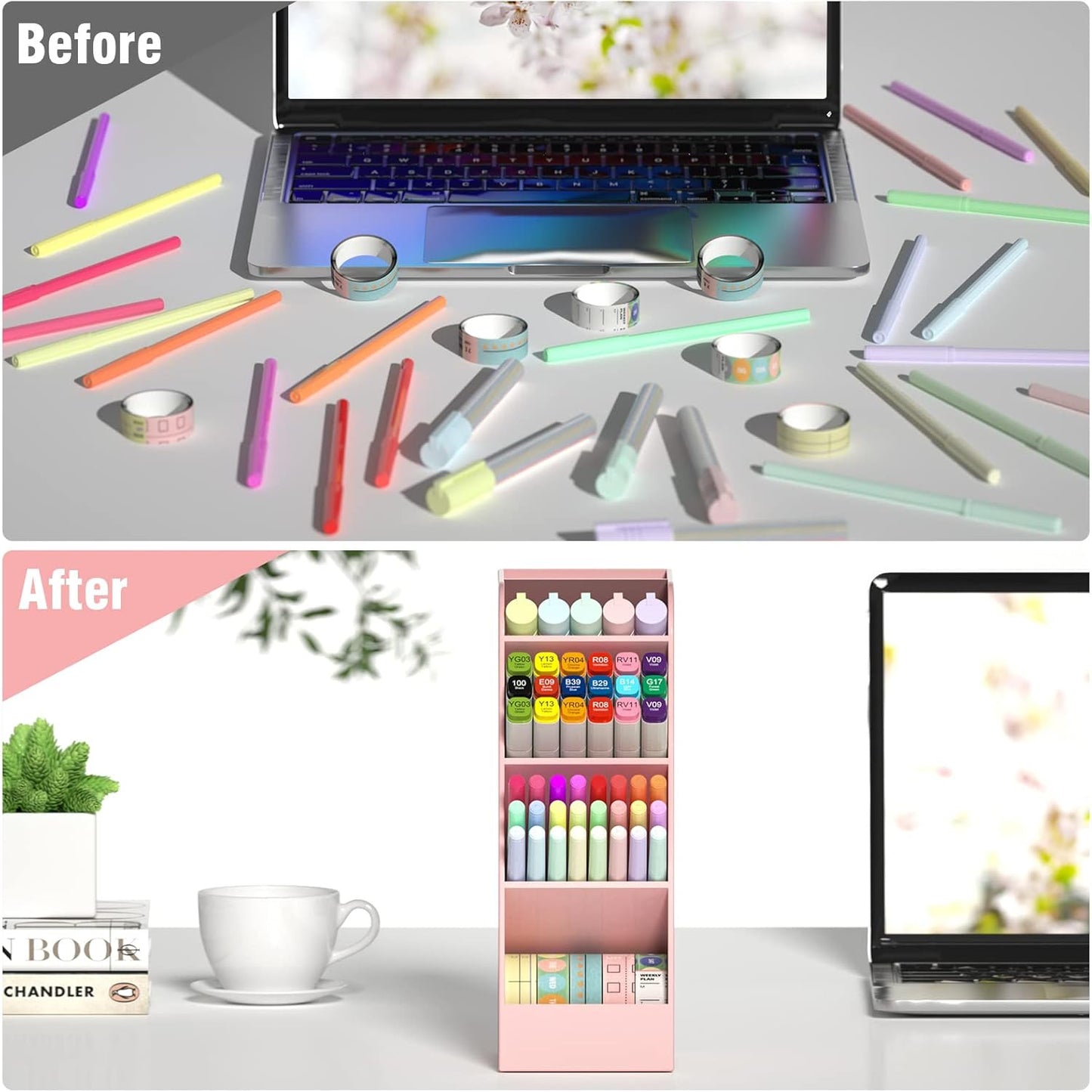 Asten Pen Holder, Pencil Holder for Desk, Pen Organizer for Office, School, Desktop, Large Capacity Pen Storage Organizer with 5 Compartment for Pens, Markers, Makeup Brush, Cosmetics (Clear, 1 Pack)