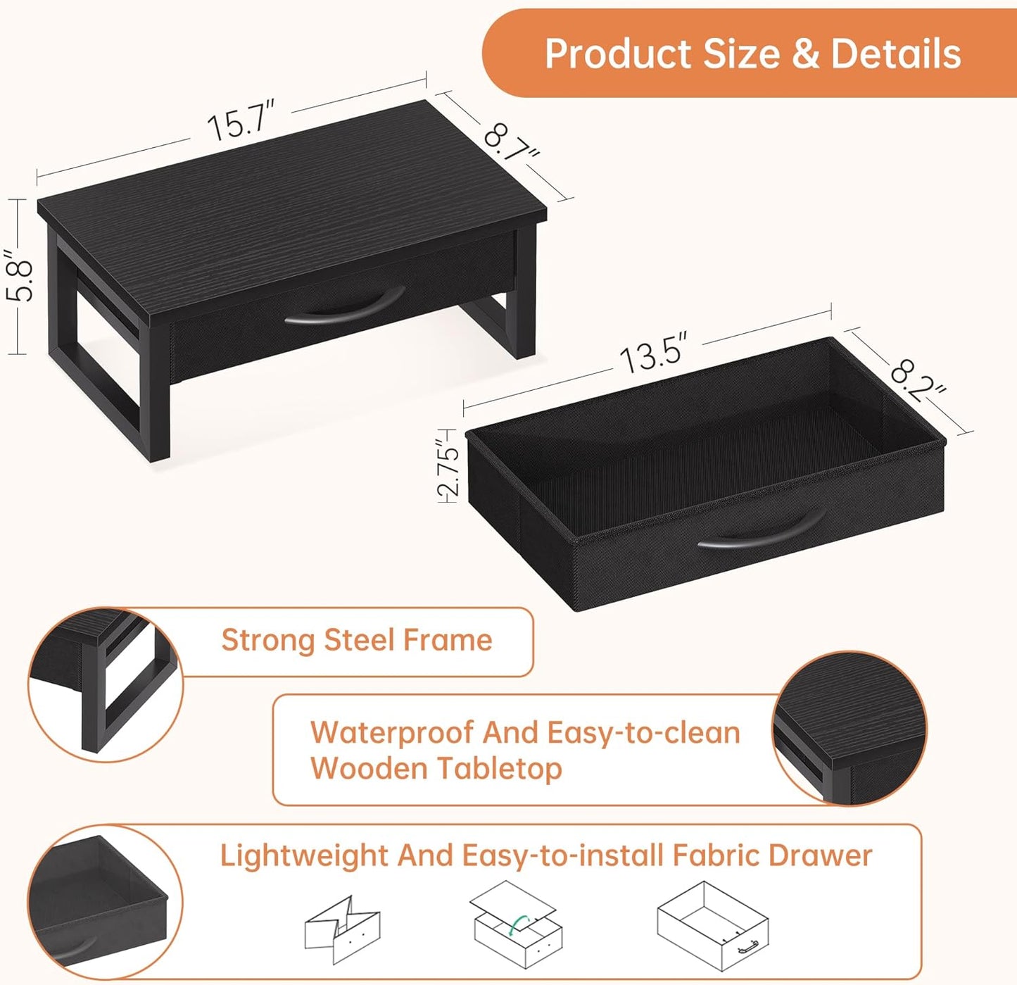 Desk Organizers and Accessories, Computer Monitor Stand Riser with Fabric Drawer, 2-Tier Laptop Stand for Desk, Office Organization Accessories, Pink