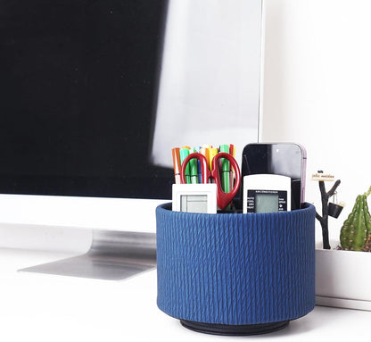 Hennaja Round Leather Art Supply Organizer,Remote Control Holder,360 Degree Rotating,Multi-Functional Pencil Holder,4 Compartments Desktop Stationary Organizer(1-Blue Bird) - Colors B