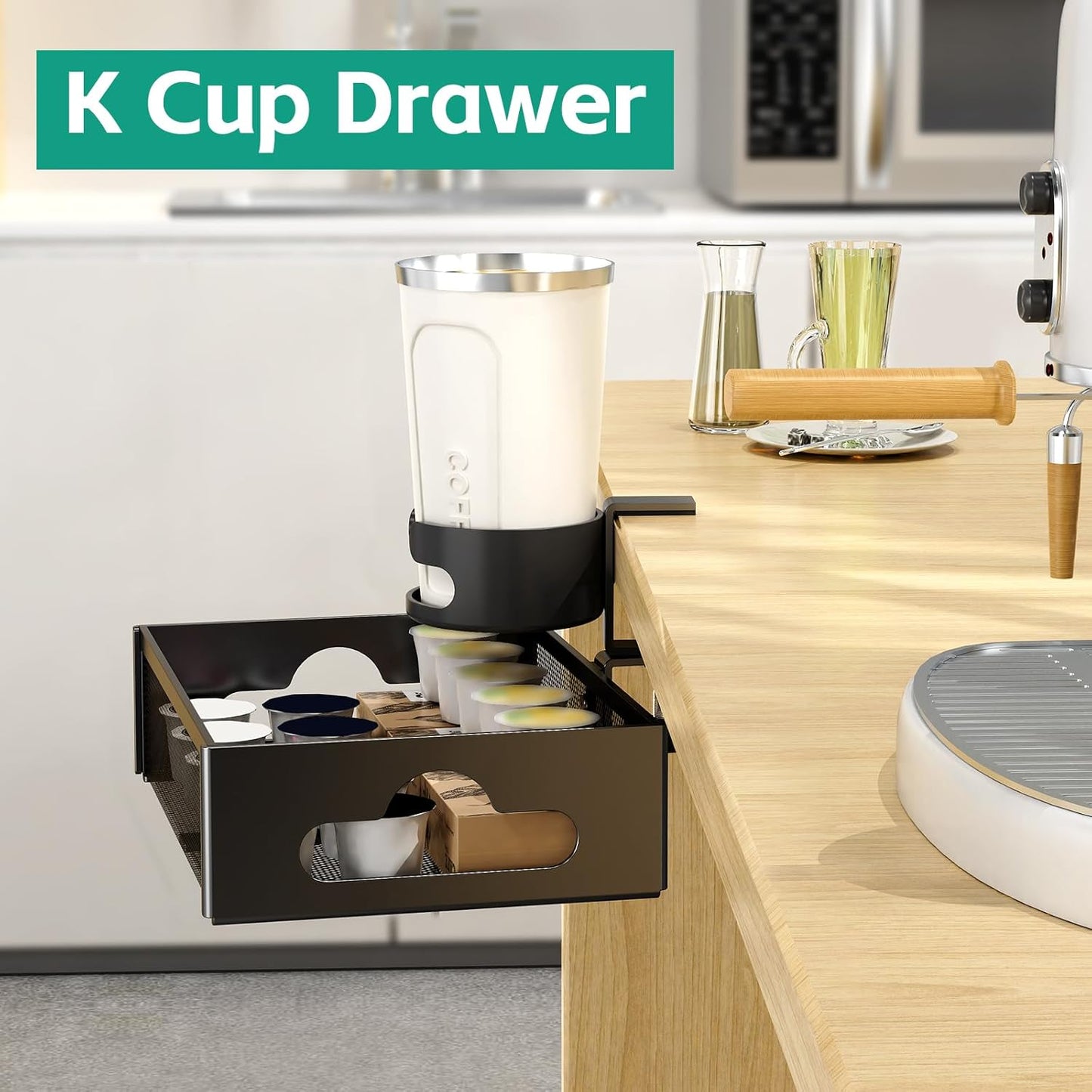 CABTE Desk Cup Holder with Drawer Organizer, Anti-Spill Clip-On Table Cup Hook with 360° Rotation Hidden Storage Box for Office Home Gaming Table (Black)